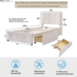 Lit Simple 90x200 cm - avec 2 Tiroirs Pratiques, Tissu Velours Doux, Sans Matelas, Beige><noscript><img width=