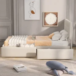 Lit Simple 90x200 cm - avec 2 Tiroirs Pratiques, Tissu Velours Doux, Sans Matelas, Beige><noscript><img width=