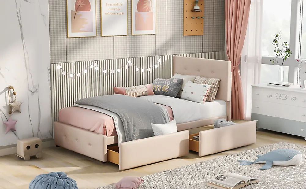 Lit Simple 90x200 cm - avec 2 Tiroirs, Sans Matelas, Lit Confortable en Velours Doux pour enfant ou Adulte, Rose>Okwish Sale