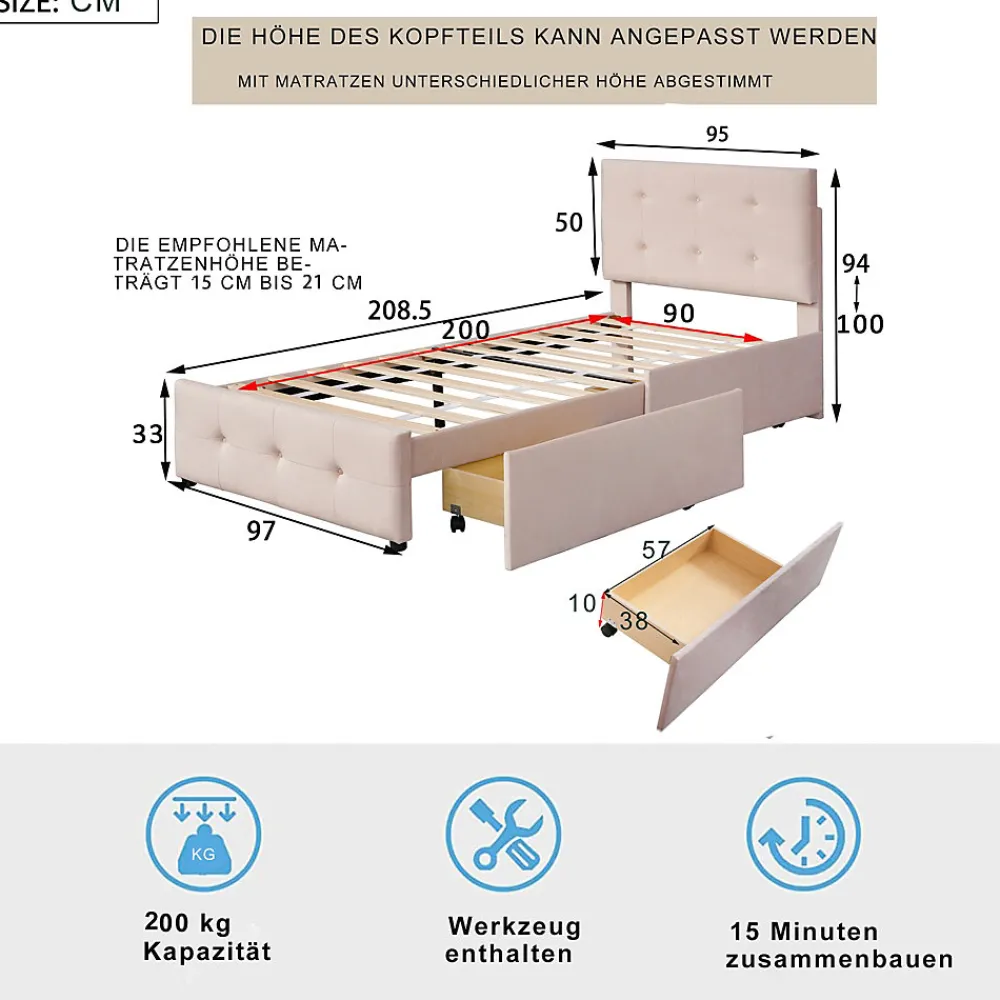 Lit Simple 90x200 cm - avec 2 Tiroirs, Sans Matelas, Lit Confortable en Velours Doux pour enfant ou Adulte, Rose>Okwish Sale