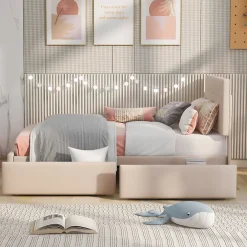 Lit Simple 90x200 cm - avec 2 Tiroirs, Sans Matelas, Lit Confortable en Velours Doux pour enfant ou Adulte, Rose><noscript><img width=