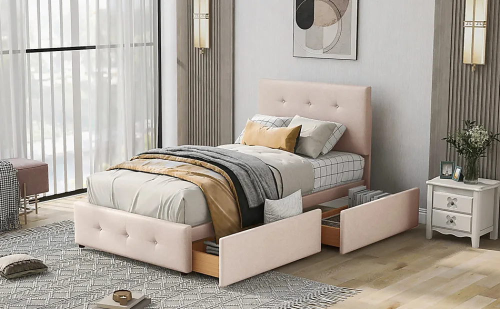 Lit Simple 90x200 cm - avec 2 Tiroirs, Sans Matelas, Lit Confortable en Velours Doux pour enfant ou Adulte, Rose>Okwish Sale