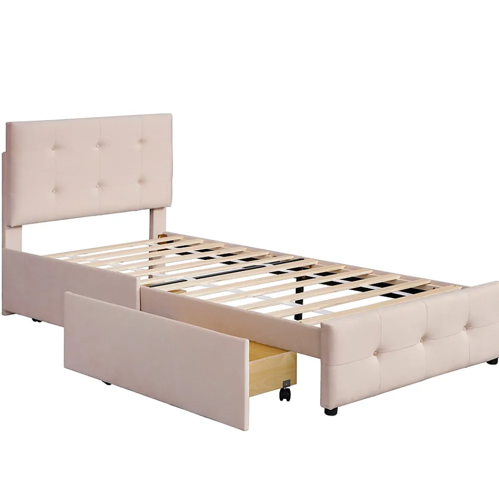 Lit Simple 90x200 cm - avec 2 Tiroirs, Sans Matelas, Lit Confortable en Velours Doux pour enfant ou Adulte, Rose>Okwish Sale