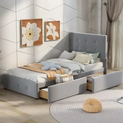 Okwish Lit Simple 90x200 cm - avec 2 Tiroirs Pratique, Sans Matelas, Lit Confortable en Velours Gris* Lit Simple