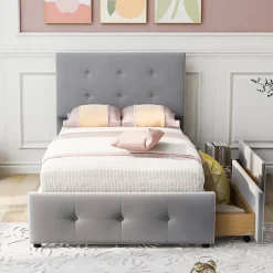 Okwish Lit Simple 90x200 cm - avec 2 Tiroirs Pratique, Sans Matelas, Lit Confortable en Velours Gris* Lit Simple