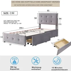 Okwish Lit Simple 90x200 cm - avec 2 Tiroirs Pratique, Sans Matelas, Lit Confortable en Velours Gris* Lit Simple
