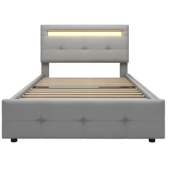Okwish Lit Simple 90x200 cm - avec 2 Tiroirs et Éclairage LED, Lit Confortable en Lin Gris, Rangement Sous Le Lit, Sans Matelas* Lit Simple