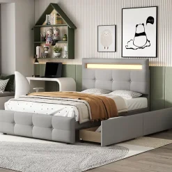 Okwish Lit Simple 90x200 cm - avec 2 Tiroirs et Éclairage LED, Lit Confortable en Lin Gris, Rangement Sous Le Lit, Sans Matelas* Lit Simple