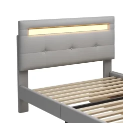 Okwish Lit Simple 90x200 cm - avec 2 Tiroirs et Éclairage LED, Lit Confortable en Lin Gris, Rangement Sous Le Lit, Sans Matelas* Lit Simple