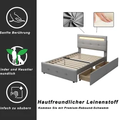 Okwish Lit Simple 90x200 cm - avec 2 Tiroirs et Éclairage LED, Lit Confortable en Lin Gris, Rangement Sous Le Lit, Sans Matelas* Lit Simple