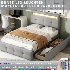 Okwish Lit Simple 90x200 cm - avec 2 Tiroirs et Éclairage LED, Lit Confortable en Lin Gris, Rangement Sous Le Lit, Sans Matelas* Lit Simple