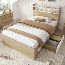 Lit Simple 90x200 cm - avec 2 Tiroirs et Étagères, Tête de Lit avec Rangement, Bois - Sans Matelas - Blanc et Chêne Clair>Okwish Online