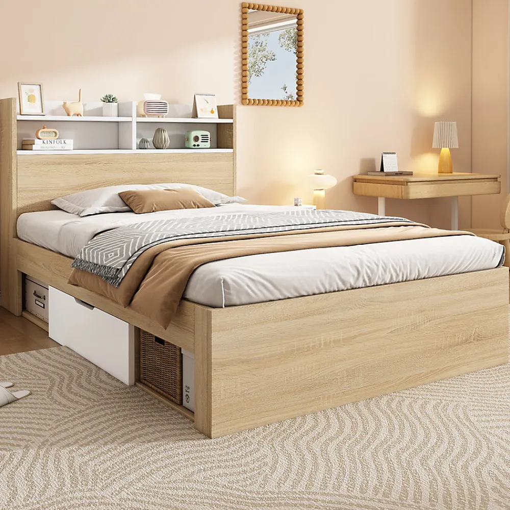 Lit Simple 90x200 cm - avec 2 Tiroirs et Étagères, Tête de Lit avec Rangement, Bois - Sans Matelas - Blanc et Chêne Clair>Okwish Online