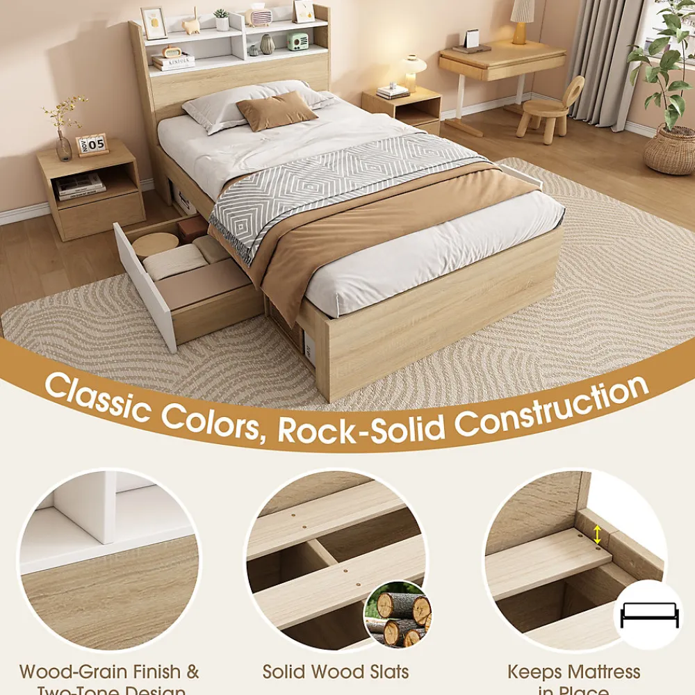 Lit Simple 90x200 cm - avec 2 Tiroirs et Étagères, Tête de Lit avec Rangement, Bois - Sans Matelas - Blanc et Chêne Clair>Okwish Online