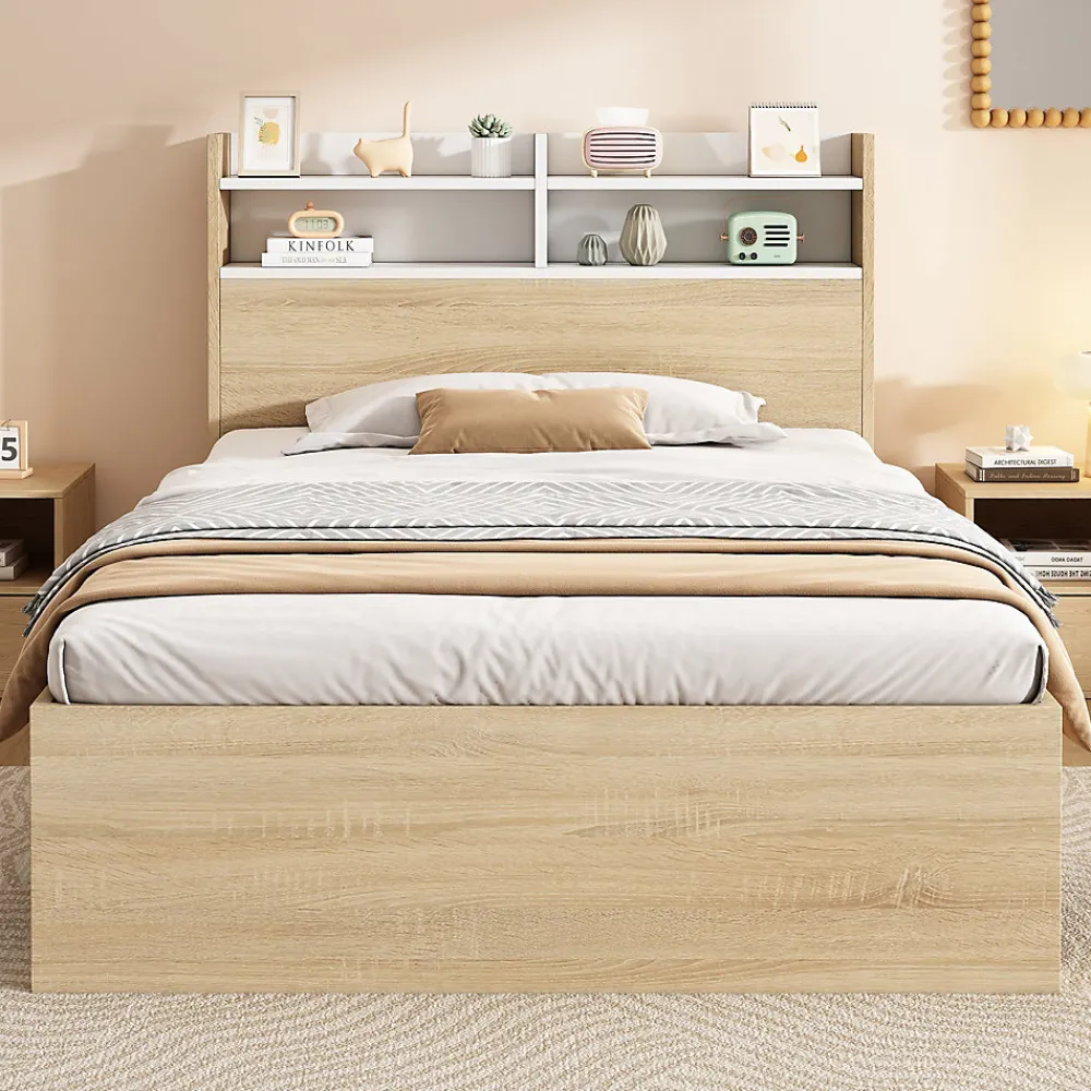 Lit Simple 90x200 cm - avec 2 Tiroirs et Étagères, Tête de Lit avec Rangement, Bois - Sans Matelas - Blanc et Chêne Clair>Okwish Online