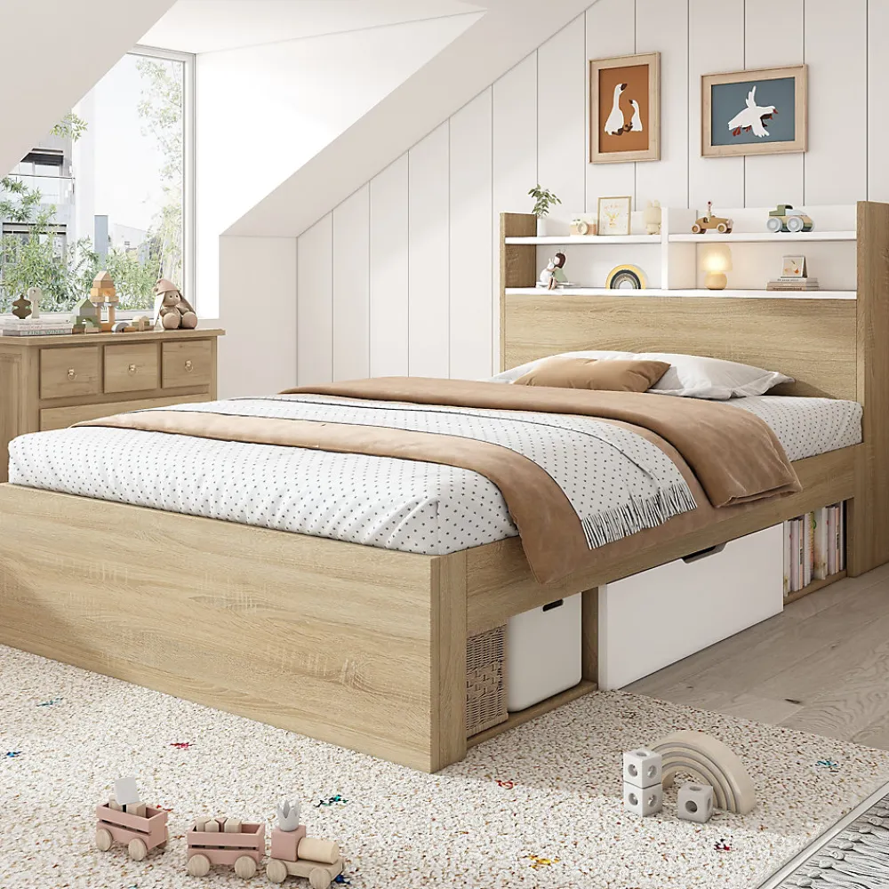 Lit Simple 90x200 cm - avec 2 Tiroirs et Étagères, Tête de Lit avec Rangement, Bois - Sans Matelas - Blanc et Chêne Clair>Okwish Online