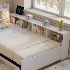 Okwish Lit Simple 90x200 cm - avec Rangement, Tiroirs sous le Lit, Chargeur et Lumière Intégrée, en MDF Blanc, Sans Matelas* Lit Simple