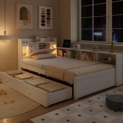 Okwish Lit Simple 90x200 cm - avec Rangement, Tiroirs sous le Lit, Chargeur et Lumière Intégrée, en MDF Blanc, Sans Matelas* Lit Simple