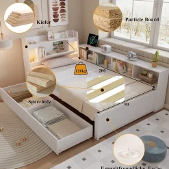 Okwish Lit Simple 90x200 cm - avec Rangement, Tiroirs sous le Lit, Chargeur et Lumière Intégrée, en MDF Blanc, Sans Matelas* Lit Simple