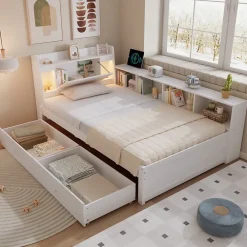 Okwish Lit Simple 90x200 cm - avec Rangement, Tiroirs sous le Lit, Chargeur et Lumière Intégrée, en MDF Blanc, Sans Matelas* Lit Simple