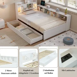 Okwish Lit Simple 90x200 cm - avec Rangement, Tiroirs sous le Lit, Chargeur et Lumière Intégrée, en MDF Blanc, Sans Matelas* Lit Simple