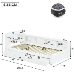 Okwish Lit Simple 90x200 cm - avec Rangement, Tiroirs sous le Lit, Chargeur et Lumière Intégrée, en MDF Blanc, Sans Matelas* Lit Simple