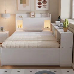 Okwish Lit Simple 90x200 cm - avec Rangement, Tiroirs sous le Lit, Chargeur et Lumière Intégrée, en MDF Blanc, Sans Matelas* Lit Simple