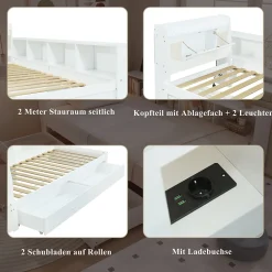 Okwish Lit Simple 90x200 cm - avec Rangement, Tiroirs sous le Lit, Chargeur et Lumière Intégrée, en MDF Blanc, Sans Matelas* Lit Simple