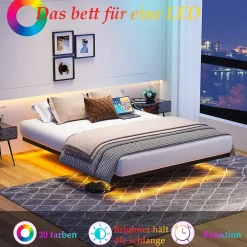 Okwish Lit Simple 120x200 cm - Lit Ado Metal avec Éclairage LED et Ports USB, Contrôle Télécommande App, Noir, sans Matelas* Lit Simple