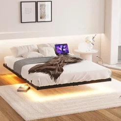 Okwish Lit Simple 120x200 cm - Lit Ado Metal avec Éclairage LED et Ports USB, Contrôle Télécommande App, Noir, sans Matelas* Lit Simple