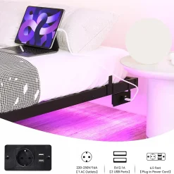 Okwish Lit Simple 120x200 cm - Lit Ado Metal avec Éclairage LED et Ports USB, Contrôle Télécommande App, Noir, sans Matelas* Lit Simple