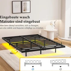 Okwish Lit Simple 120x200 cm - Lit Ado Metal avec Éclairage LED et Ports USB, Contrôle Télécommande App, Noir, sans Matelas* Lit Simple
