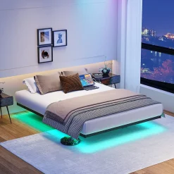 Okwish Lit Simple 120x200 cm - Lit Ado Metal avec Éclairage LED et Ports USB, Contrôle Télécommande App, Noir, sans Matelas* Lit Simple