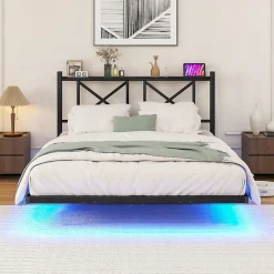 Lit Simple 120x200 cm - Lit Ado Moderne, avec Éclairage LED et Prises USB, Rangements - Noir, sans Matelas>Okwish Outlet