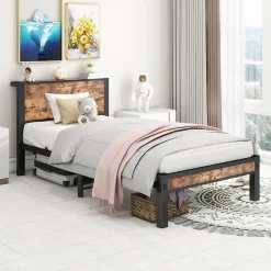 Lit Simple 90x200 cm - Lit Ado Métal avec Tête de Lit Rangement, MDF, Marron - Silencieux et Robuste - Sans Matelas>Okwish