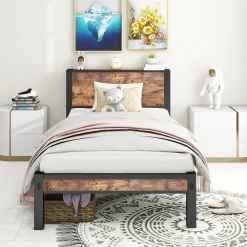 Lit Simple 90x200 cm - Lit Ado Métal avec Tête de Lit Rangement, MDF, Marron - Silencieux et Robuste - Sans Matelas>Okwish
