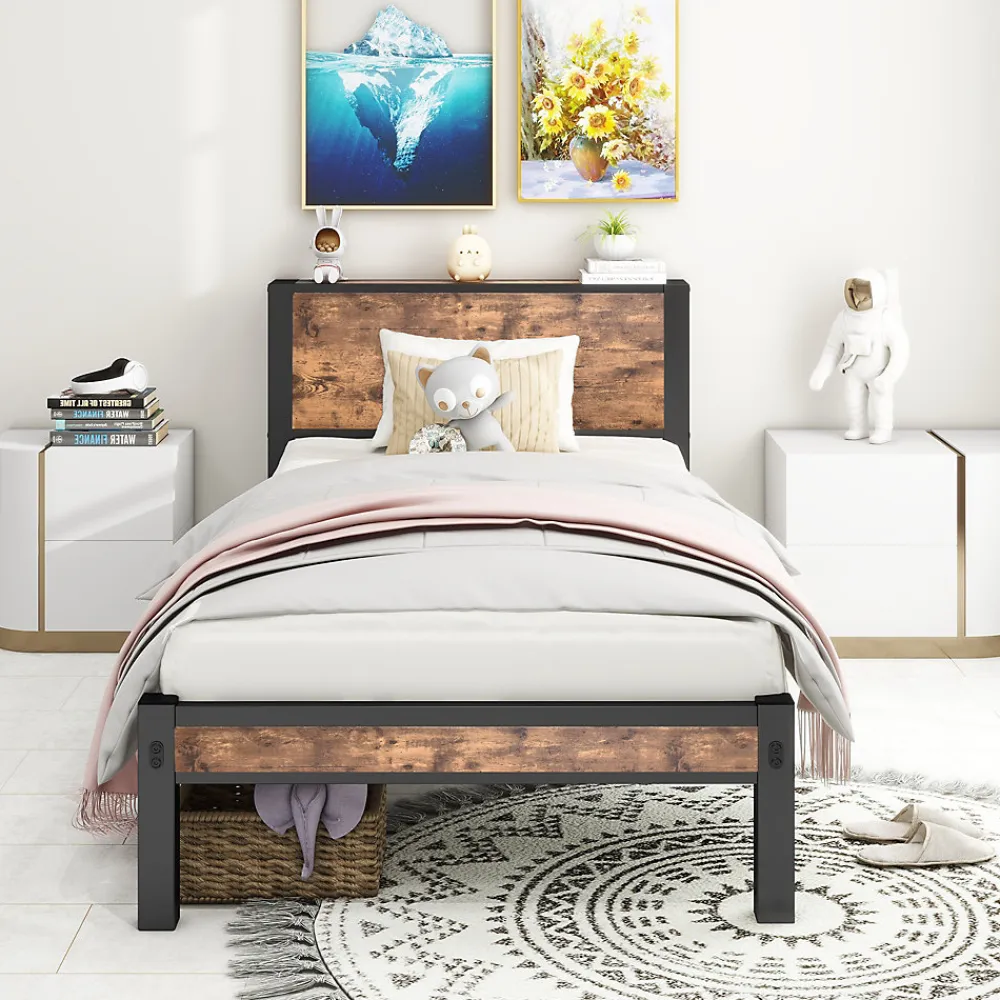 Lit Simple 90x200 cm - Lit Ado Métal avec Tête de Lit Rangement, MDF, Marron - Silencieux et Robuste - Sans Matelas>Okwish