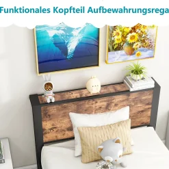 Lit Simple 90x200 cm - Lit Ado Métal avec Tête de Lit Rangement, MDF, Marron - Silencieux et Robuste - Sans Matelas><noscript><img width=