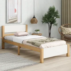 Lit Simple 90x200 cm - Lit Ado ou Adulte Sans Matelas - Bois de Pin Massif - Blanc et Naturel>Okwish Sale