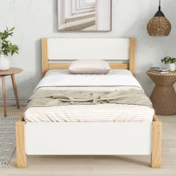 Lit Simple 90x200 cm - Lit Ado ou Adulte Sans Matelas - Bois de Pin Massif - Blanc et Naturel>Okwish Sale