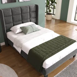 Lit simple 90x200 cm - Lit adulte capitonné avec sommier à lattes - Lin - Sans Matelas - Gris>Okwish Sale