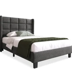 Lit simple 90x200 cm - Lit adulte capitonné avec sommier à lattes - Lin - Sans Matelas - Gris><noscript><img width=