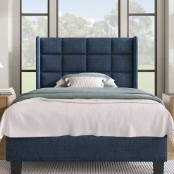 Lit simple 90x200 cm - Lit adulte capitonné avec sommier à lattes - Lin - Sans Matelas - Bleu><noscript><img width=