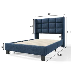 Lit simple 90x200 cm - Lit adulte capitonné avec sommier à lattes - Lin - Sans Matelas - Bleu><noscript><img width=