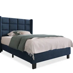 Lit simple 90x200 cm - Lit adulte capitonné avec sommier à lattes - Lin - Sans Matelas - Bleu><noscript><img width=