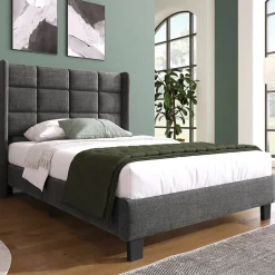 Generique Lit simple 90x200 cm - Lit adulte capitonné avec sommier à lattes - Lin - Matelas Inclus - Gris* Lit Simple