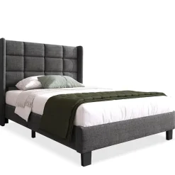Generique Lit simple 90x200 cm - Lit adulte capitonné avec sommier à lattes - Lin - Matelas Inclus - Gris* Lit Simple