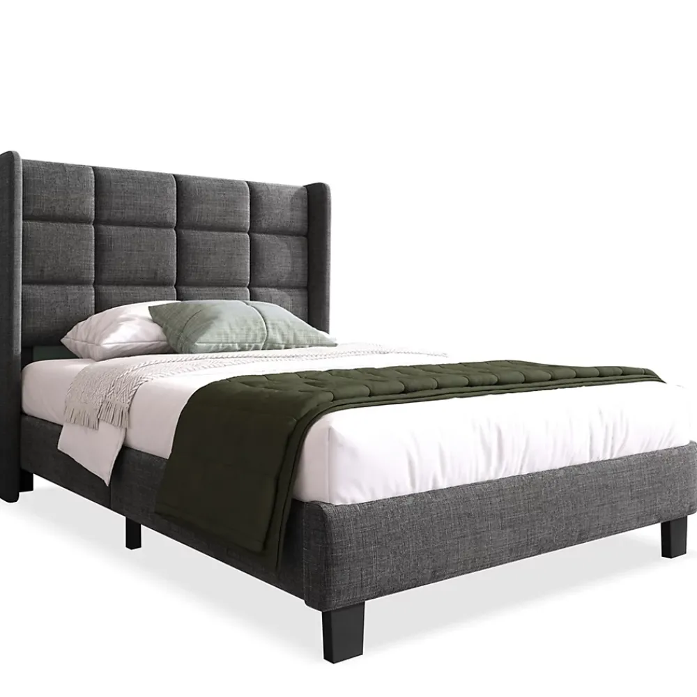 Generique Lit simple 90x200 cm - Lit adulte capitonné avec sommier à lattes - Lin - Matelas Inclus - Gris* Lit Simple