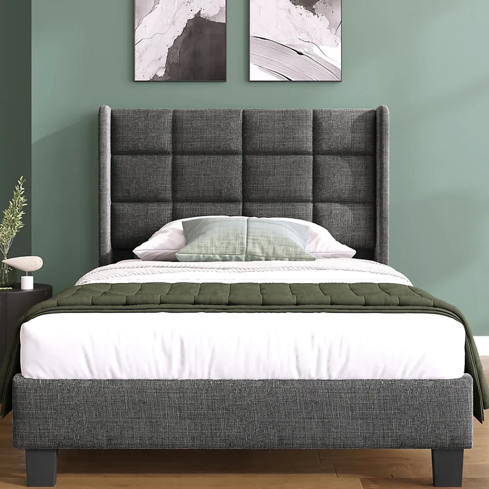 Generique Lit simple 90x200 cm - Lit adulte capitonné avec sommier à lattes - Lin - Matelas Inclus - Gris* Lit Simple