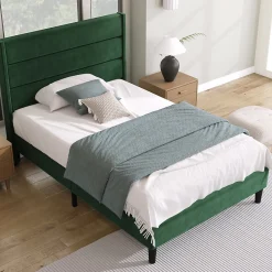 Lit simple 90x200 cm - Lit adulte capitonné avec tête de lit - Lin - Sans Matelas - Vert Foncé>Okwish Outlet